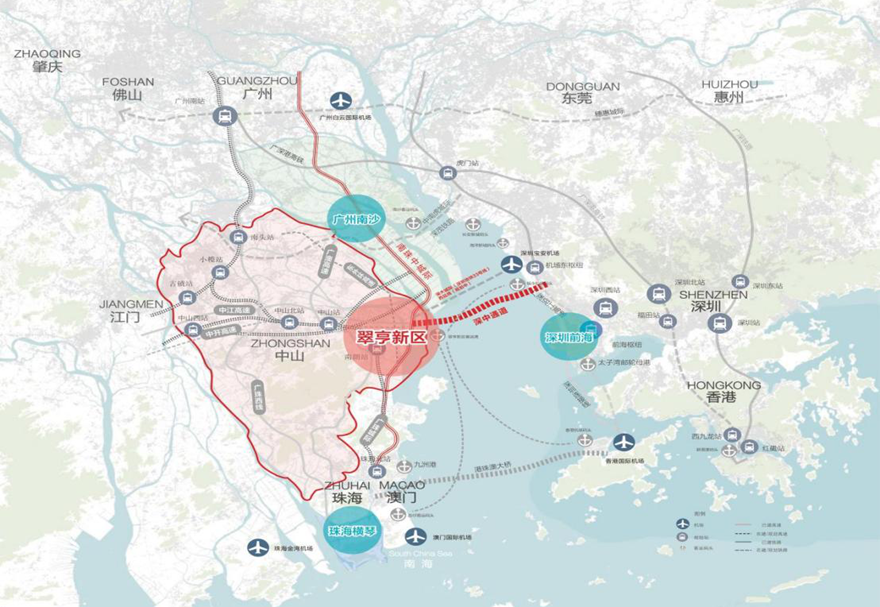 优越的区位和交通优势。翠亨新区地处粤港澳大湾区环湾核心圈层、环珠江口100公里“黄金内湾”，是珠江西岸连接深中通道的桥头堡。区内汇聚广澳高速等着重大交通基础设施，100公里范围内通达5个国际机场、4个国际港口，坐拥湾区“1小时优质生活圈”。其中，中山港澳码头航线直通香港、澳门、深圳等湾区重要城市。图为翠亨新区区位图。
