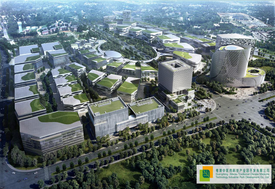 产业园位于横琴粤澳深度合作区环岛北路，占地50万平方米，总开发面积约140万平方米。围绕“国际级中医药质量控制基地”和“国际健康产业交流平台”的核心目标，以及打造“中医药产业与文化一带一路的国际窗口”的优势定位，以搭建产学研一体化平台、推动中医药国际化发展、以及发展大健康产业为思路规划与开展工作，目前园区整体建设已初具规模。图为粤澳合作中医药科技产业园设计效果图。