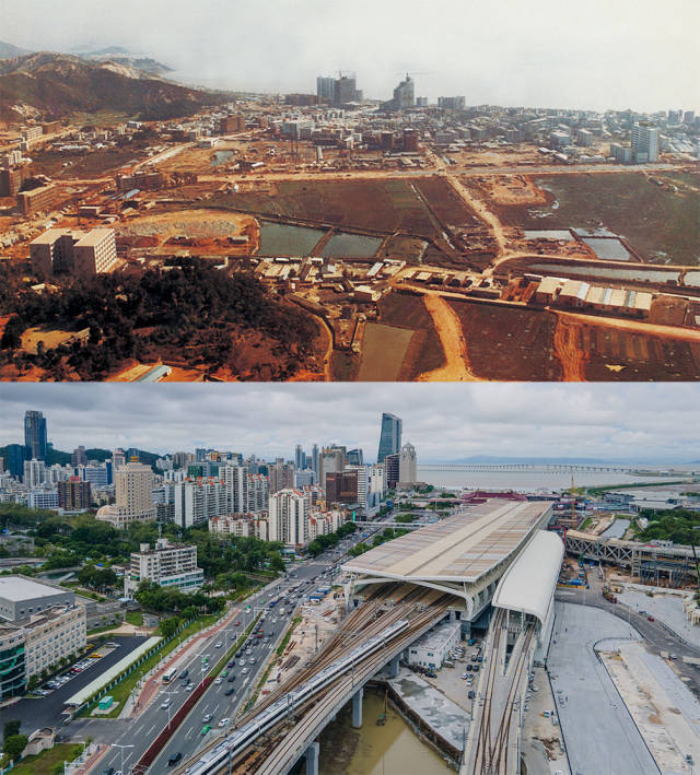 上图：1984年正在建设中的拱北区。洪汉波 摄；下图：2020年，城轨正在驶出拱北珠海站