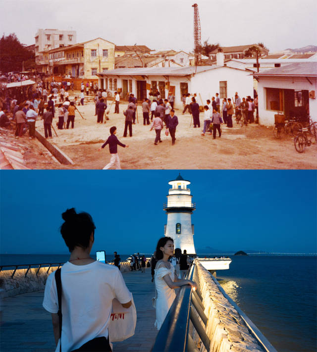 上图：1981年，香洲城区旧貌；下图：2020年，香洲情侣路边的爱情灯塔，成为市民游客游玩的热门景点