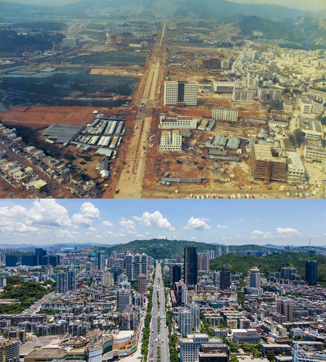 上图：1984年，动工建设的拱北迎宾大道；下图：2020年，北望板樟山，沿着迎宾大道发展的珠海市区