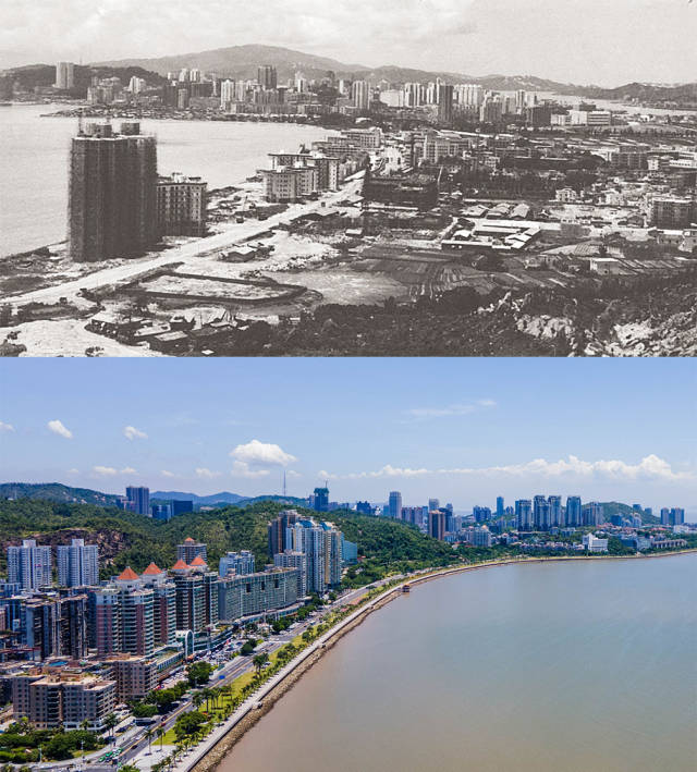 上图：1984年拱北海边一带。李小峥 摄；下图：2020年，拱北沿海