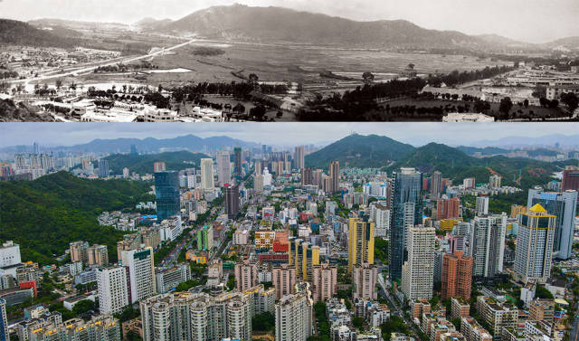 上图：1983年，吉大旧貌?？浊煜?摄；下图：2020年，珠海香洲区吉大商业圈，曾经的平房如今高楼林立