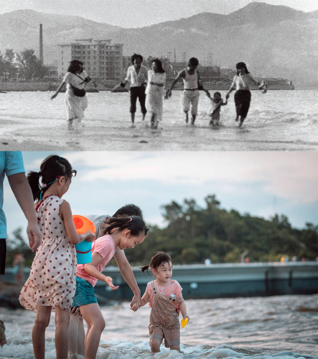 上图：1985年位于香洲湾海霞新村的外侧是海滩；下图：2020年，情侣路沿岸的海滩上，大人和孩子正在海水里玩耍