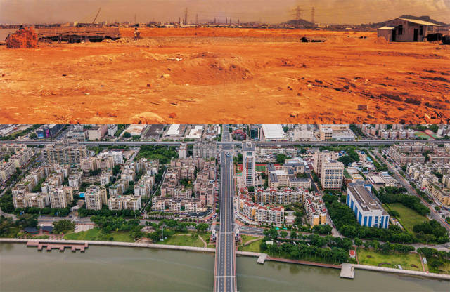 上图：1988年，拱北夏湾正在平整土地；下图：2020年，珠海市夏湾