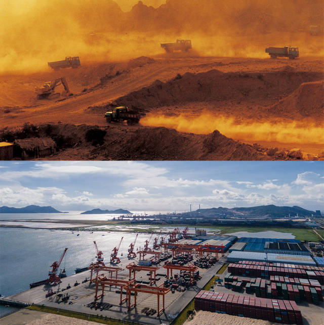 上图：1990年，珠海港在建设中；下图：2020年，珠海市高栏港经济区承载着特区货运枢纽的重担