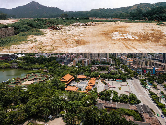 上图：1991年，圆明新园原址；下图：2020年，香洲区圆明新园如今被一栋栋崭新的现代楼房包围