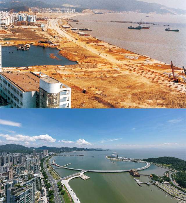 上图：1991年，香洲湾情侣中路在建设中；下图：2020年，香洲湾情侣路今景。外海处的日月贝大剧院成为珠海的新地标