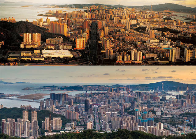 上图：上世纪90年代初，珠海和澳门夕照锦辉；下图：2020年，板樟山俯瞰珠海和澳门