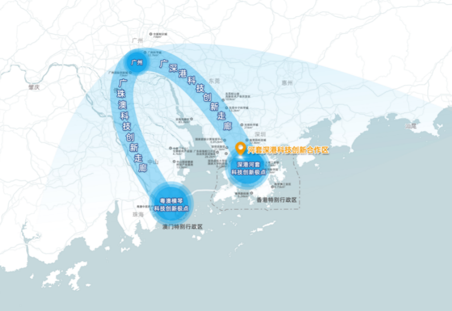 河套合作区地处大湾区科技创新资源集聚的地带，有力支撑广深港科技创新走廊建设，有利于融合香港原始创新和珠三角地区高新技术产业优势，全方位汇聚创新资源。图为两点两廊（即广深港、广珠澳科创走廊和深圳河套、珠海横琴创新极点）示意图。