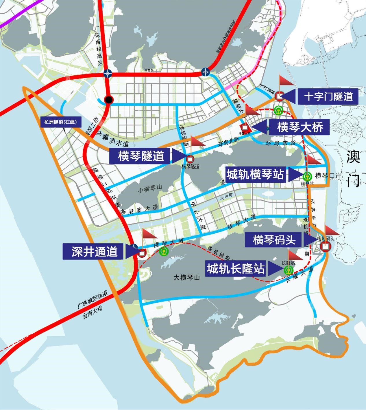 　　横琴粤澳深度合作区“一线”“二线”示意图。其中，“一线”主要是横琴口岸；“二线”通道主要包括横琴大桥、横琴隧道、深井通道、横琴码头、广珠城轨延长线横琴站及长隆站、十字门隧道（临时出岛）。横琴粤澳深度合作区执委会供图。