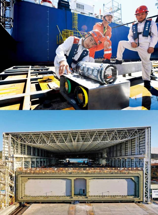 上图：2022年7月22日，在“一航津安1”号沉管运输安装一体船挂载的E19沉管上，测绘团队负责人（左一）为潜水员讲解拆解水下双目摄影定位设备的注意事项。下图：2023年1月30日，中交四航局珠海牛头岛沉管智慧工厂，深中通道海底隧道最后一个管节（非标准管节、含最终接头）。本版图/新华社