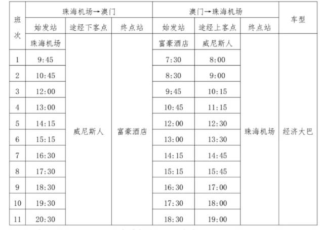 直通巴士时刻表。
