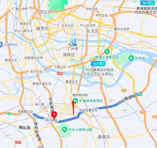 蓝色曲线为广台高速，红色箭头为广台高速以北番禺地区。