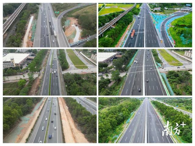 广澳高速部分路段改扩建前（左）与改扩建后（右）对比。