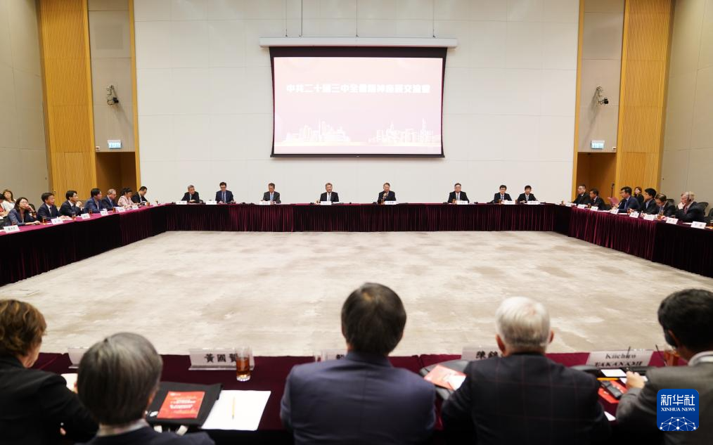 8月27日，学习贯彻党的二十届三中全会精神中央宣讲团在香港特别行政区与香港工商界、创科界代表举行座谈交流。新华社记者 王申 摄