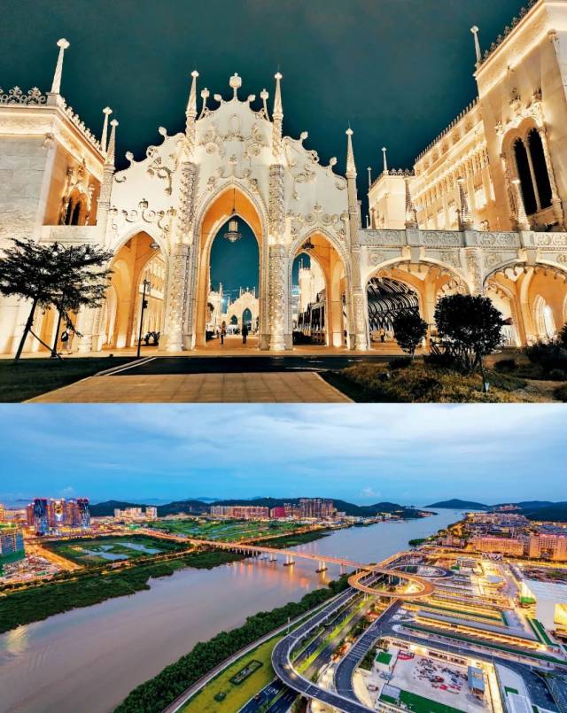 上图：航拍珠海湾仔、横琴和澳门。中图：励骏庞都广场。下图：莲花大桥。本版图/视觉中国 IC