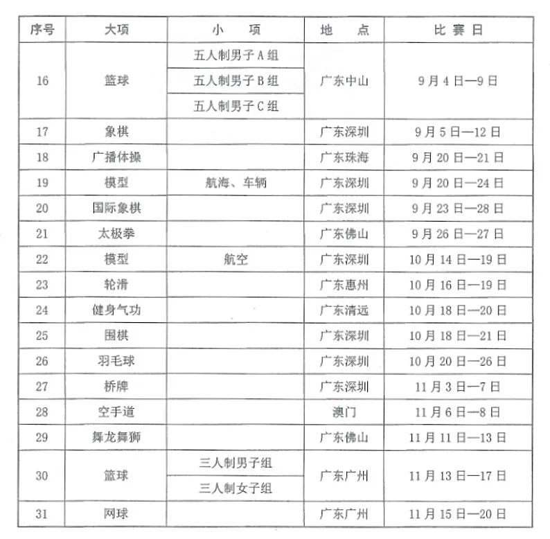 十五运会群众体育赛事活动预决赛时间地点发布
