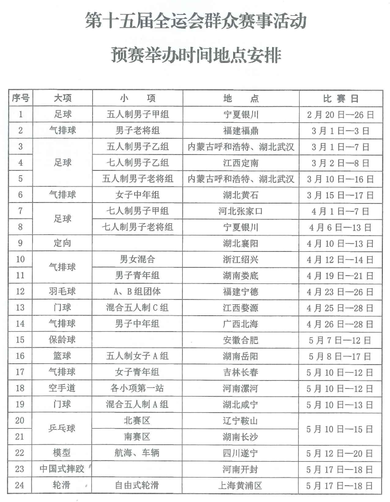 十五运会群众体育赛事活动预决赛时间地点发布