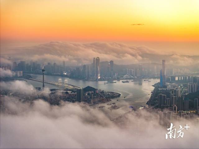日落时分，俯瞰云海下的澳门与横琴金融岛。南方+拍客 陈烁明 摄