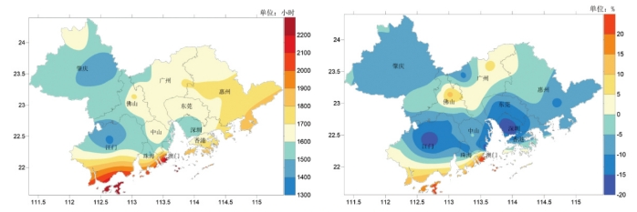 左图为2024大湾区年日照时数分布（小时），右图为2024大湾区年日照时数距平百分率分布（%）